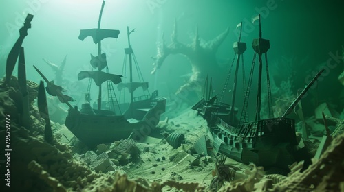 Underwater Paper Treasure Hunt with Sunken Ships Split Shot. photo
