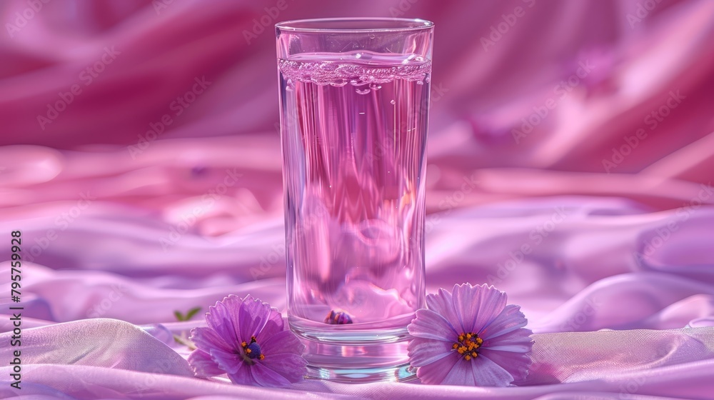   A glass holding pink liquid sits atop a pink satin-covered bedspread, accompanied by a purple flower nearby