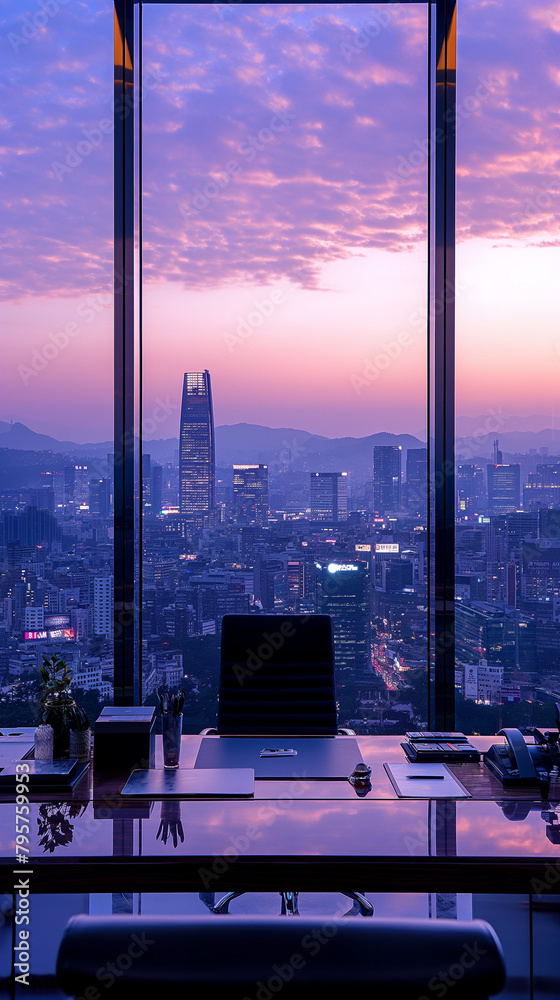 Urban movie poster, CEO office with a modern desk, workplace, minimalism, city skyline in the background