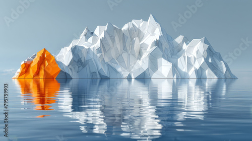   An iceberg in the ocean's heart, bearing a floating orange ice block