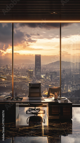 Urban movie poster, CEO office with a modern desk, workplace, minimalism, city skyline in the background