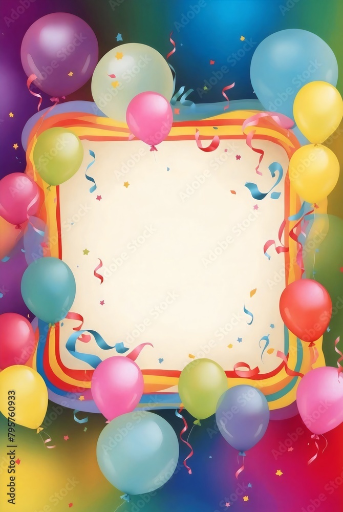 Colorful birthday card with frame banner, surrounded by glossy balloons and confetti, aesthetic gradient rainbow background, space for text, empty