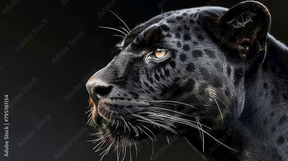   A black leopard's face, tightly framed against a black backdrop, exhibits a distinctive white mark on its right side