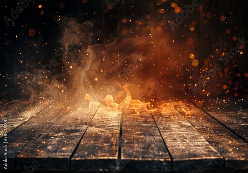 A wooden table with fire burning at the edge, emitting sparks and smoke, on a dark background for product display.