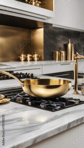 Golden frying pan on a gas stove  kitchen utensils and marble table against the backdrop of a modern kitchen