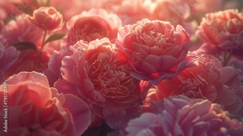   A field of flowers with a mass of pink peonies, sun illuminating their leaves