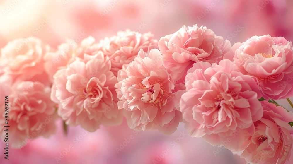 A tight shot of pink blooms on a branch against a hazy backdrop of similar flowers A tight shot of pink blooms on a branch against a hazy backdrop of similar flowers
