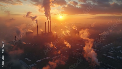 The Dominance of Factories: Emitting Smoke and Harming the Environment with Pollution and Smog. Concept Factory Pollution, Environmental Damage, Smog Hazards, Air Quality Concerns