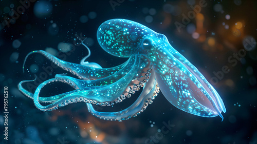 Bioluminescent Squid Floating in Deep Sea Digital Illustration