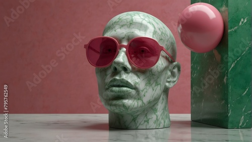 Sunglasses perched on a white marble sculpture of a human head, with vibrant pink bubble gum stretched between parted lips, set against a vivid green background in a minimalist ai_generative