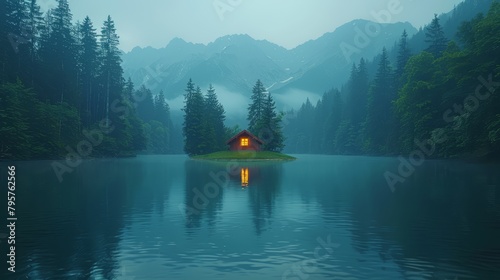   A house sits on a tiny island amidst a serene lake Mountains loom in the distance, their peaks shrouded by fog that pervades the cool air photo