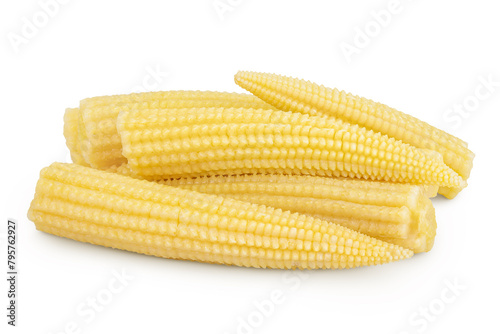 Pickled young baby corn cobs isolated on white background