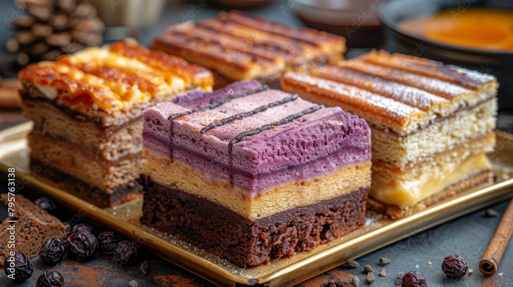Gold platter displaying a selection of desserts, nearby stacked chocolate chips, and a steaming cup of coffee Gold platter displaying a selection of desserts, nearby stacked chocolate chips, and a steaming cup of coffee