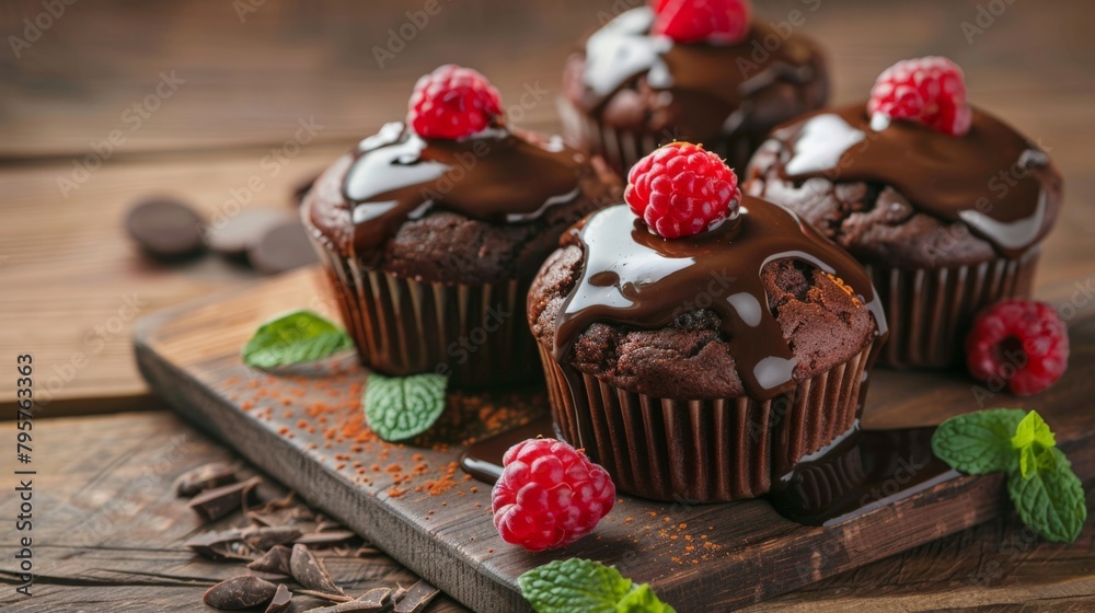 Chocolate cupcakes with raspberries and chocolate sauce on a wooden board