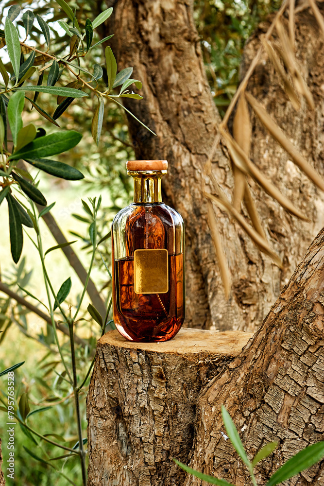 Bottle of Perfume through olives tree above trunk, Perfume in elegant container. The concept of perfumery and beauty Bottle of Perfume through olives tree above trunk, Perfume in elegant container. The concept of perfumery and beauty
