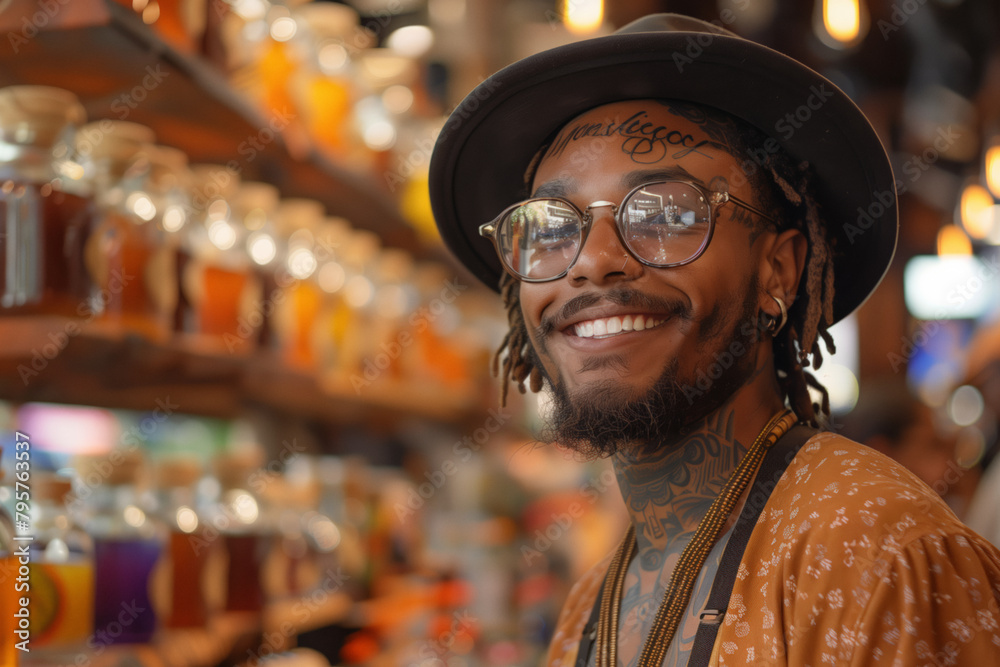 Smiling bohemian hippie man wearing glasses and hat in cbd marijuana shop Smiling bohemian hippie man wearing glasses and hat in cbd marijuana shop