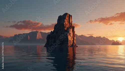  Create a futuristic 3D-rendered landscape featuring cliffs and water, exuding a modern, minimalist abstract vibe, ideal for a spiritual ambiance, accentuated by gentle hues of sunrise ai_generative