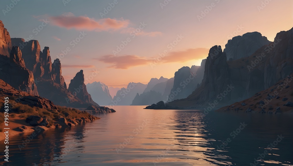 Create a futuristic 3D-rendered landscape featuring cliffs and water, exuding a modern, minimalist abstract vibe, ideal for a spiritual ambiance, accentuated by gentle hues of sunrise ai_generative Create a futuristic 3D-rendered landscape featuring cliffs and water, exuding a modern, minimalist abstract vibe, ideal for a spiritual ambiance, accentuated by gentle hues of sunrise ai_generative