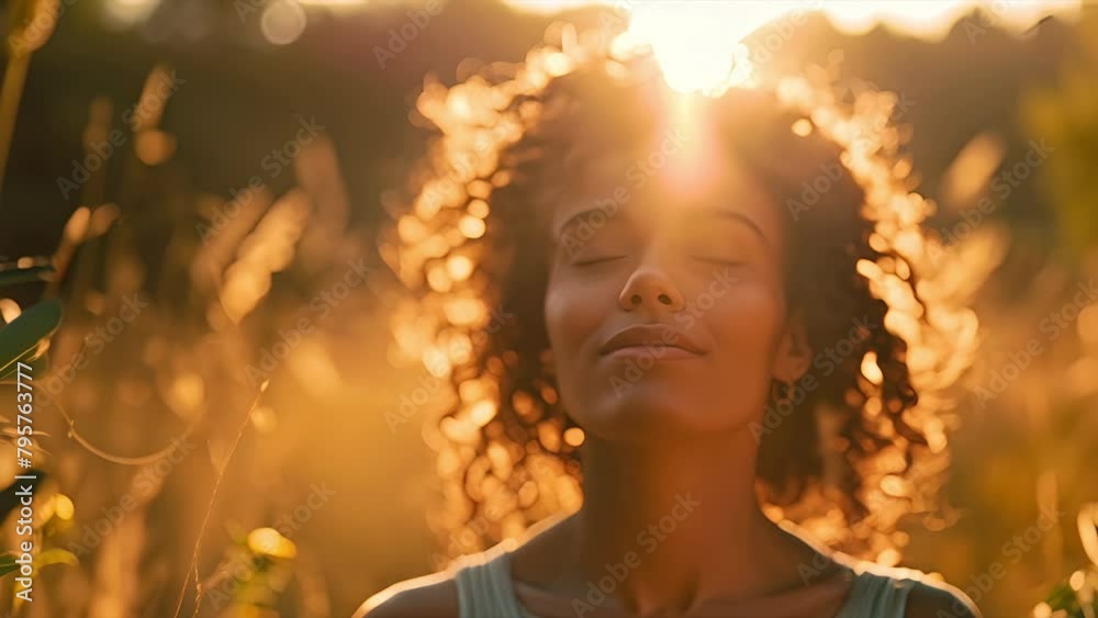 Pushing towards a gen-z mixed race woman meditating with the suns setting behind her in a field Pushing towards a gen-z mixed race woman meditating with the suns setting behind her in a field