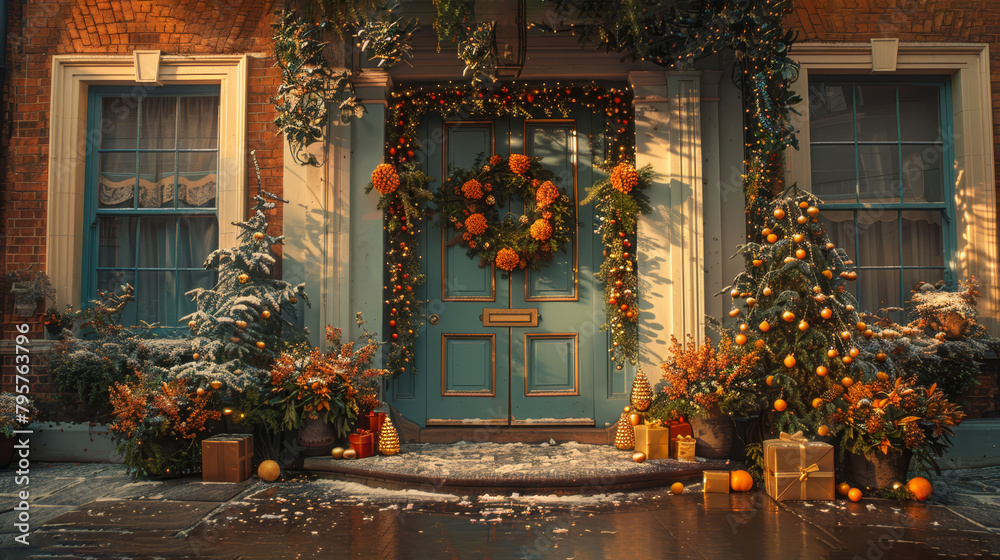   A front door adorned with a Christmas wreath on the center and one on each side