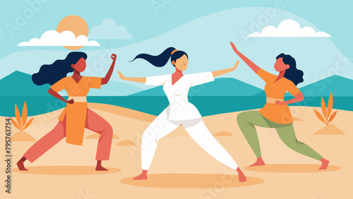 A group of women practicing martial arts on a sandy beach embracing the elements and the freedom that comes with mastering a physical