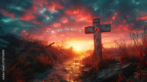 Christian Cross with Question Mark at Sunset photo