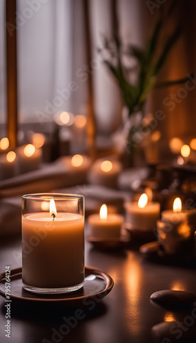 Cozy evening with aromatic candles creating a romantic atmosphere in a room with soft lighting