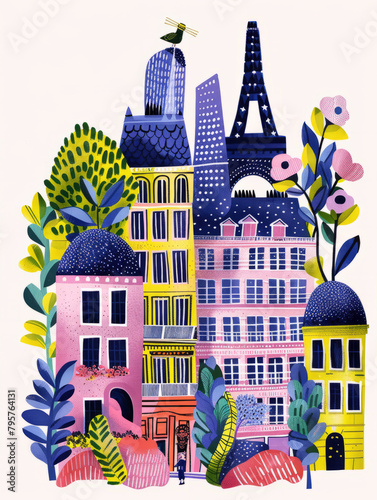 Paris city skyline cute colorful hand drawn style illustration
