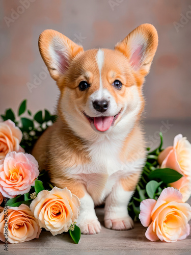 Cute smiling corgi puppy sitting among delicate flowers, greetings present