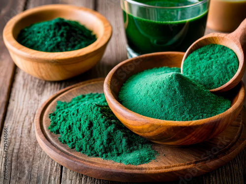 Healthy superfoods, dried spirulina in powder form in the wooden bowl