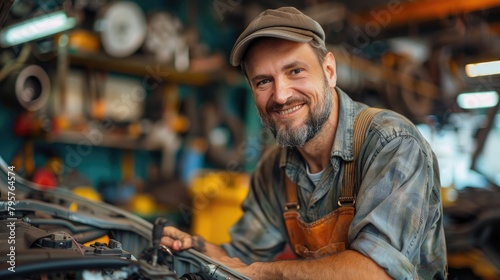 man working in auto repair shop and smiling.