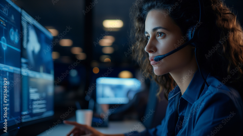 Female customer support representative working on desktop PC in office. Female customer support representative working on desktop PC in office.