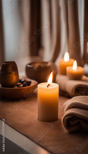 Cozy still life with burning candles  soft towels and decorative elements for spa procedures or relaxation