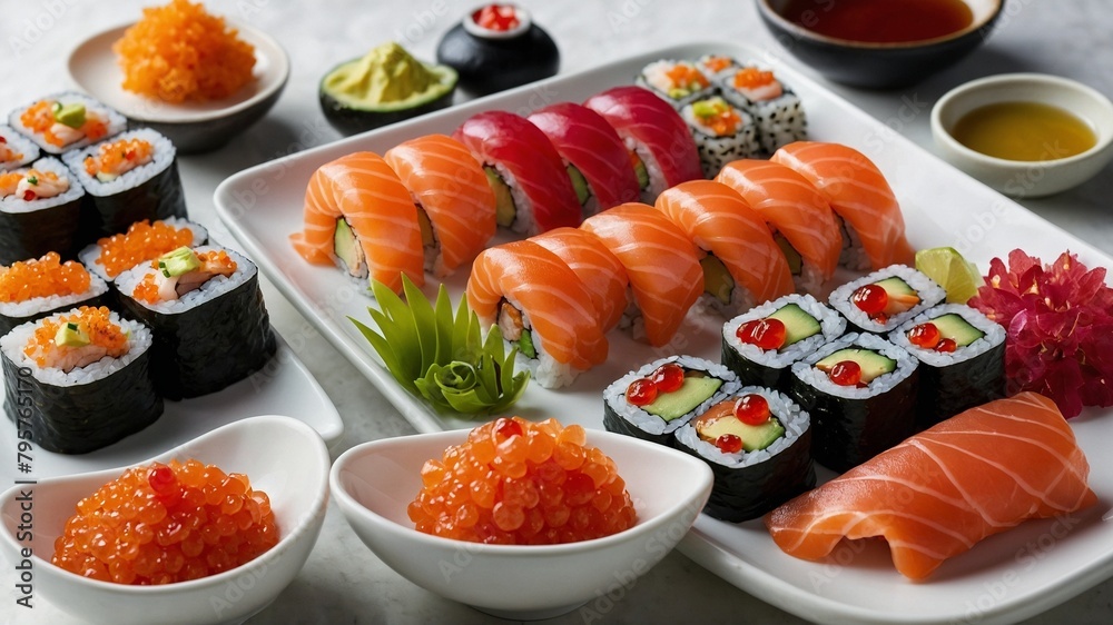 Variety of sushi elegantly displayed on marble surface, showcasing array of colors, textures that make dish visually appealing. Vibrant orange salmon sashimi, roe. Variety of sushi elegantly displayed on marble surface, showcasing array of colors, textures that make dish visually appealing. Vibrant orange salmon sashimi, roe.