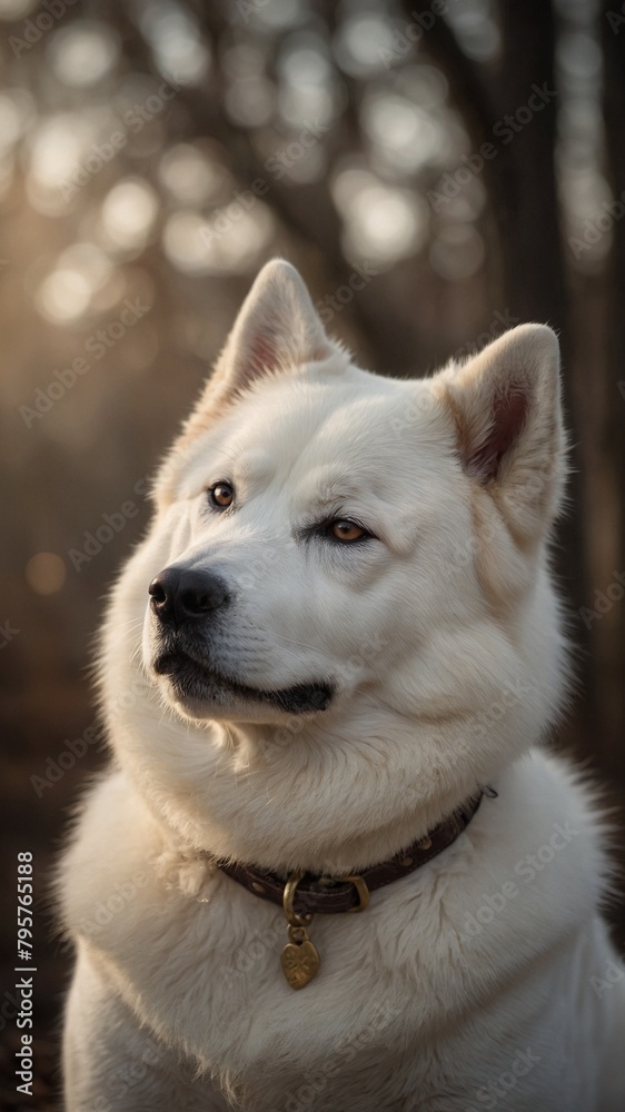 White dog gazes into distance, surrounded by serene, wooded environment bathed in soft glow of sunlight filtering through trees. Blurred background accentuates dogs focus.