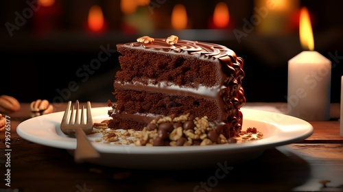 Chocolate cake with cream and chocolate chips on a dark background.