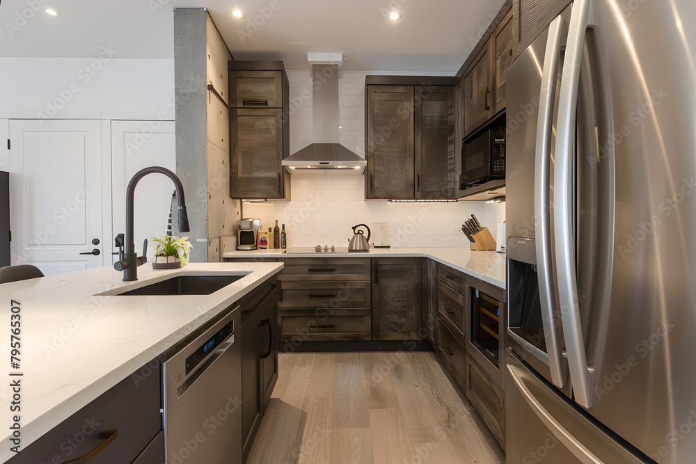 Fototapeta premium Contemporary modern kitchen interior in dark grey colors and concrete elements.