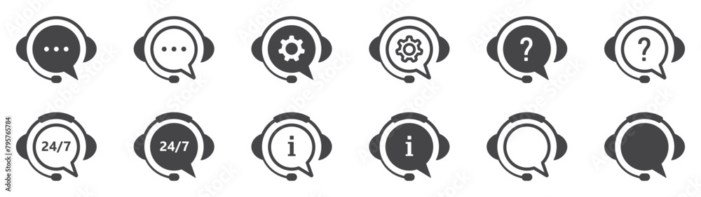 Set of support service icons. Speech bubbles with headphones, live chat symbol, call center. Hotline, customer advice, online web support. Vector. Set of support service icons. Speech bubbles with headphones, live chat symbol, call center. Hotline, customer advice, online web support. Vector.
