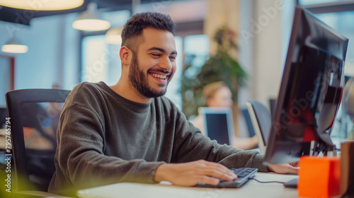 Smiling customer service representative working on computer in office