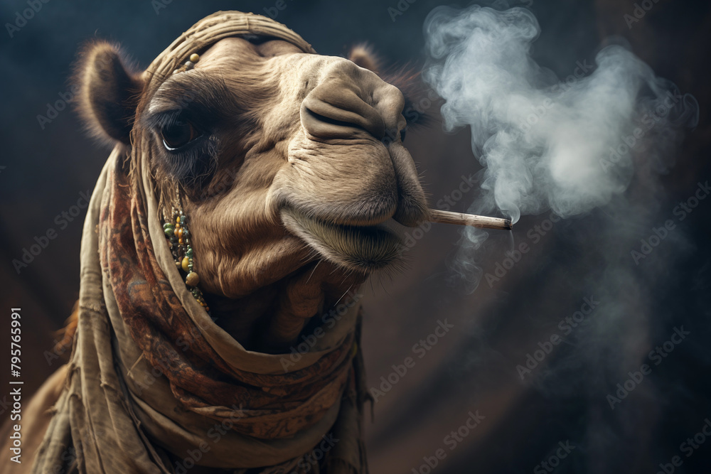 Arabian camel smoking a cigarette in a darkly lit room