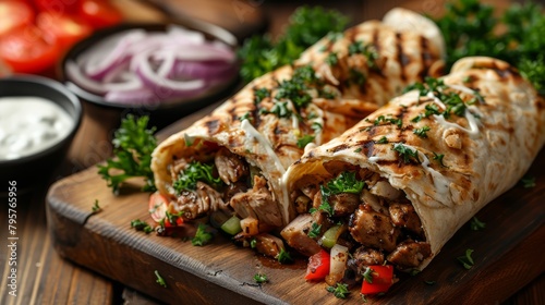  A wooden cutting board holds a burrito, its surface filled with meat and veggies Nearby sits a bowl brimming with ranch dressing