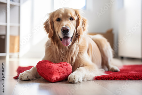 golden retriever dog with a red heart shaped pillow