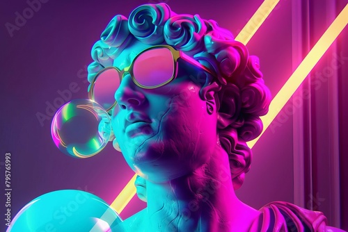 ancient greek statue with sunglasses blowing bubble gum on vibrant neon background digital art