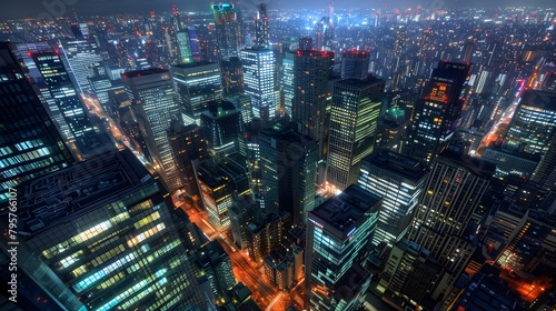 An HDR view from a high vantage point overlooking a cluster of corporate buildings, each emitting a different hue of light, weaving a tapestry of urban energy at night.