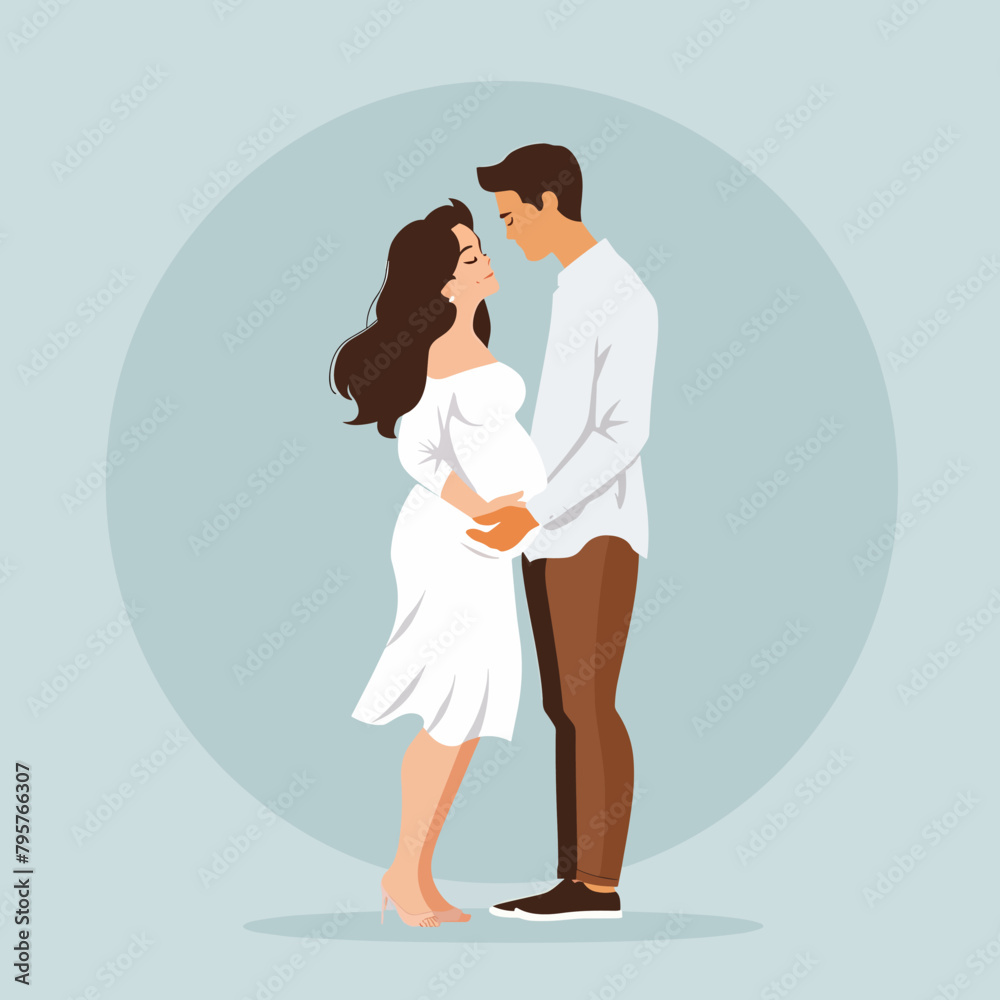A couple is holding hands and the woman is pregnant. The man is wearing a white shirt and the woman is wearing a white dress A couple is holding hands and the woman is pregnant. The man is wearing a white shirt and the woman is wearing a white dress