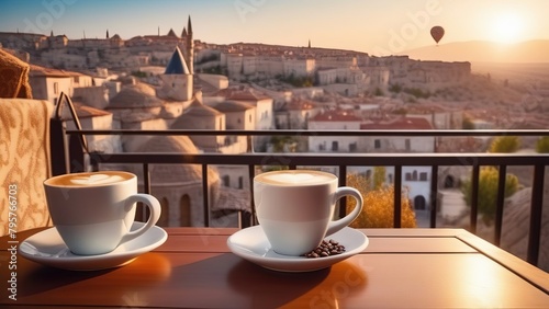 Traditional Turkish coffee on a balcony with the beautiful Turkish city of Cappadocia in the background, 2 cups of coffee or tea on a blurred background of an evening Turkish city with balloons