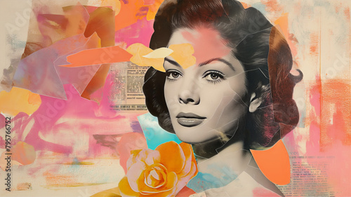 mixed-media artwork features a grayscale portrait of a woman with classic features, framed by abstract shapes and vibrant colorsdesign uses, bold orange, pink, and yellow tones photo