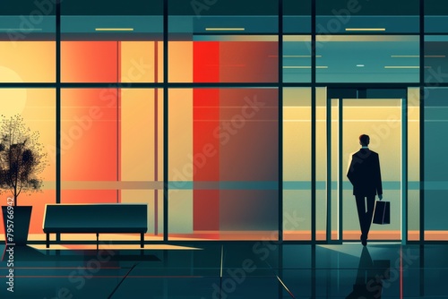 As the sun sets, a businessman enters an office building, reflecting the start or end of a productive day.