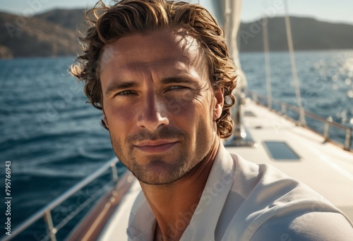 Man on a yacht with the ocean in the background, enjoying a sea voyage.