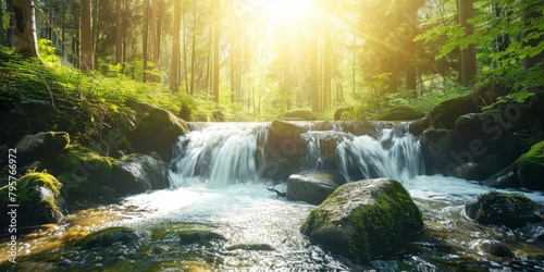 A Waterfall Cascades Through a Vibrant Forest Bathed in Sunlight, Crafting a Scene of Pure Serenity and Harmony, Generative AI